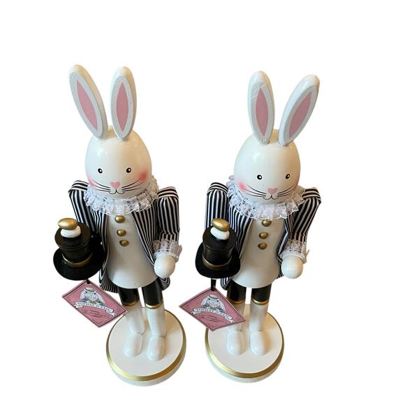 Tophat & Tail Wooden Bunny Rabbit Nutcrackers 14in Black White Set of 2 NEW - Picture 8 of 16